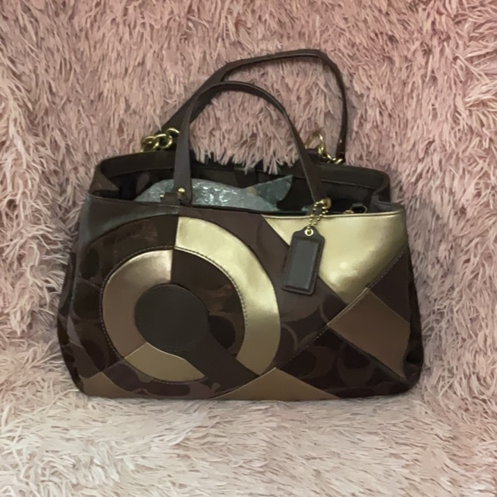 Vintage - Coach Patchwork Signature Tote in Brown and Gold